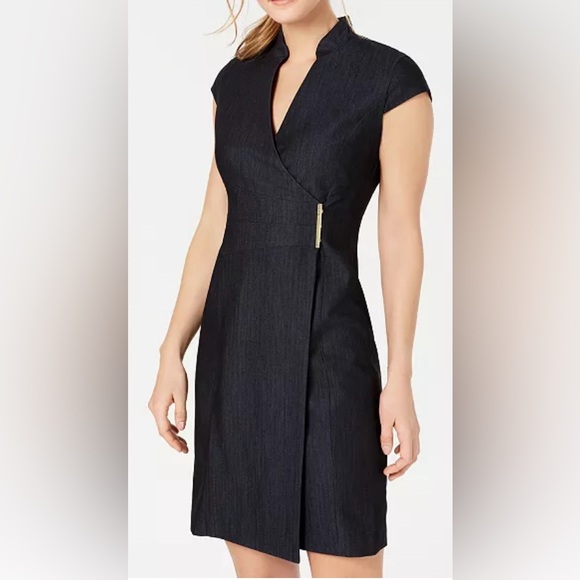 Calvin Klein Dresses & Skirts - Calvin Klein Wrap Front Mini Dress Dark Blue Gold Clasp V Neck Cap Sleeve Size 8